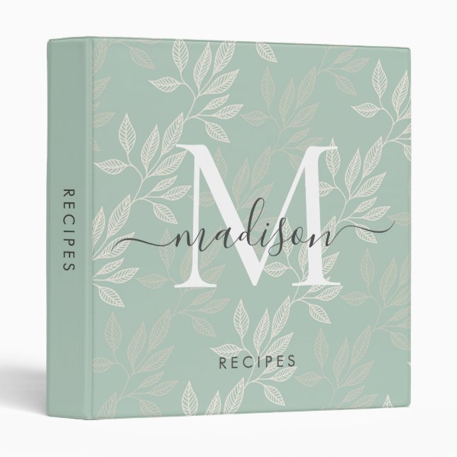 Modern Monogram Teal Botanical Leaves Chic Recipe 3 Ring Binder (Front/Spine)
