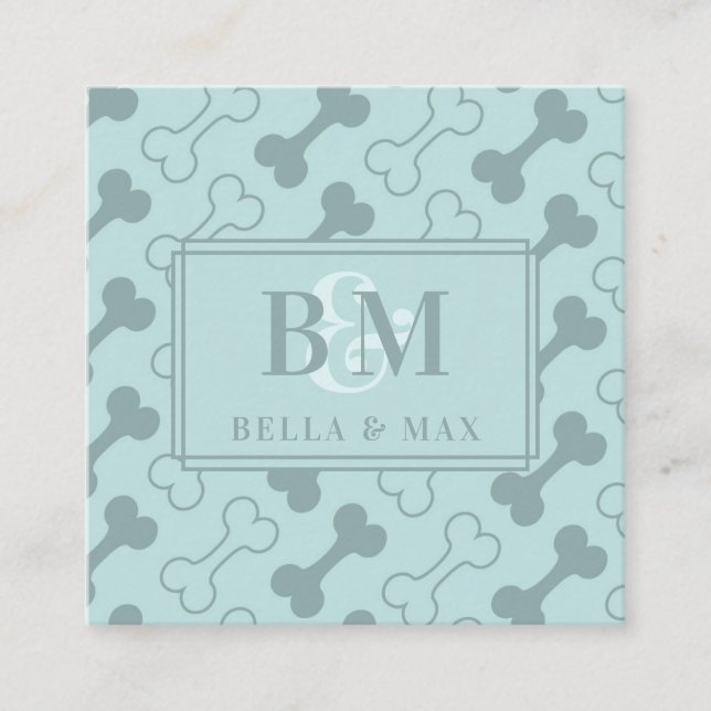 Modern Monogram Teal Dog Bone Pattern Square Business Card (Front)