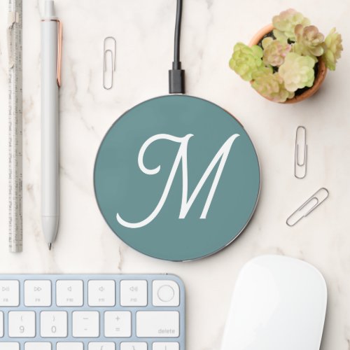 Modern Monogram Teal Green Initial Letter Wireless Charger