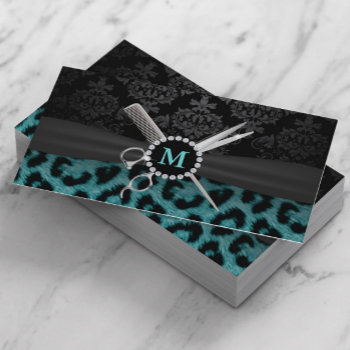 Modern Monogram Teal Leopard Print Hair Stylist Business Card by cardfactory at Zazzle
