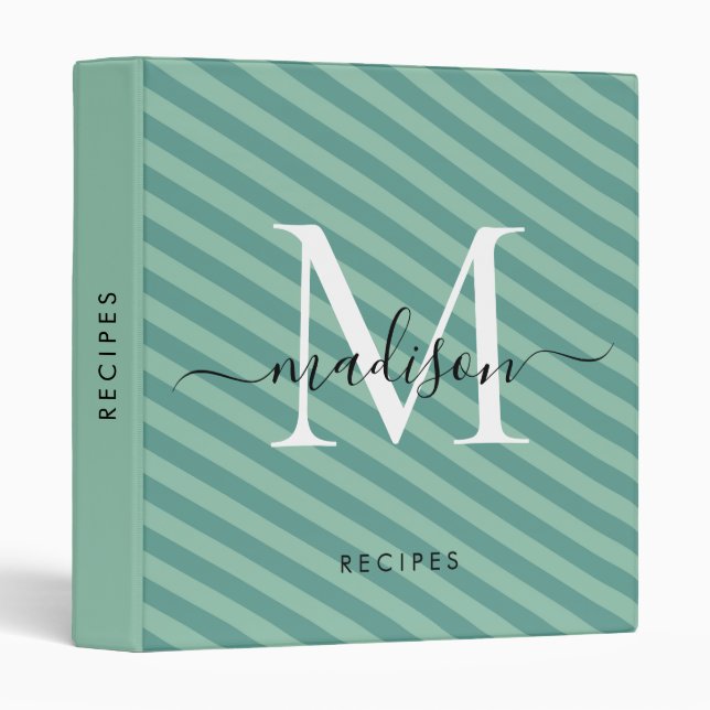 Modern Monogram Teal Mint Green Stripes Recipe 3 Ring Binder (Front/Spine)