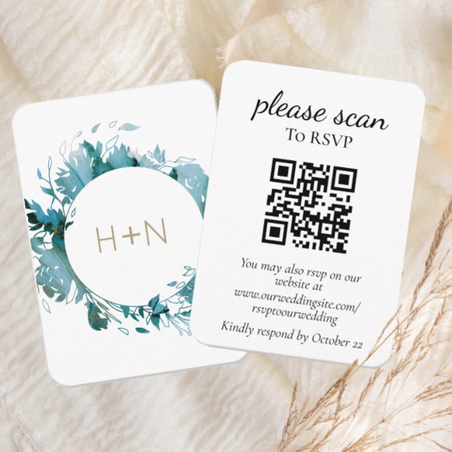 Modern Monogram Teal RSVP with QR Code  Enclosure Card (Creator Uploaded)
