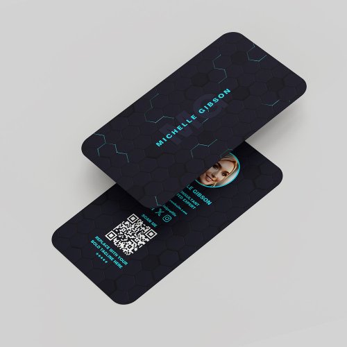 Modern Monogram Tech Professional Dark Neon Blue Business Card