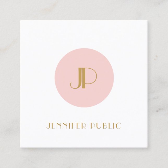 Modern Monogram Template Elegant Blush Pink Gold Square Business Card (Front)