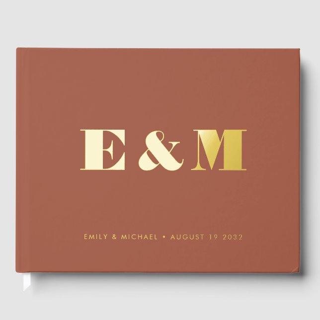 Modern Monogram Terracotta Gold Foil Wedding  Foil Guest Book (Front)