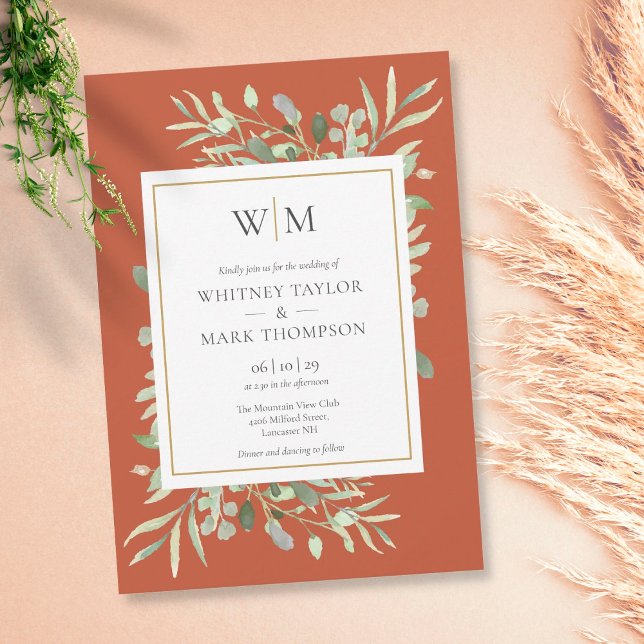 Modern Monogram Terracotta Greenery Wedding Invitation (Creator Uploaded)