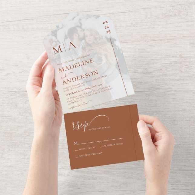 Modern Monogram Terracotta Overlay Photo Wedding All In One Invitation (Tearaway)