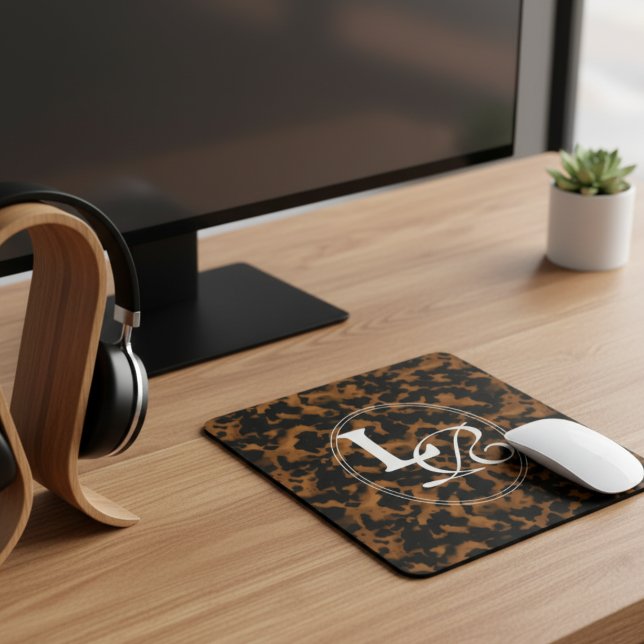 Modern Monogram Tortoise Shell Print Mouse Pad (Add a touch of chic charm to your desk with this Elegant Typography Monogram Tortoise Shell Design!)