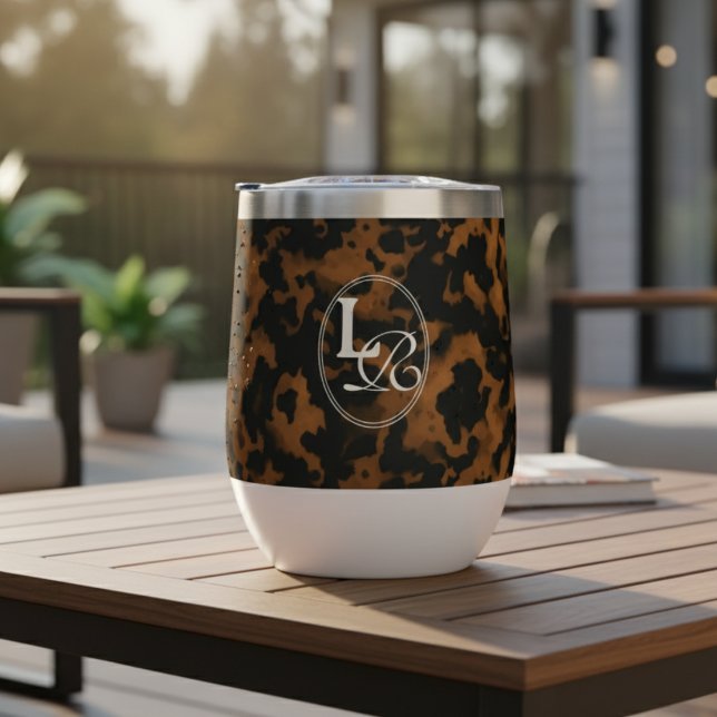 Modern Monogram Tortoise Shell Print Thermal Wine Tumbler (Add a touch of chic charm to your phone with this Elegant Typography Monogram Tortoise Wine Tumbler!)