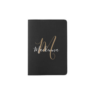 Modern Monogram Traveler Black Gold Script Initial Passport Holder