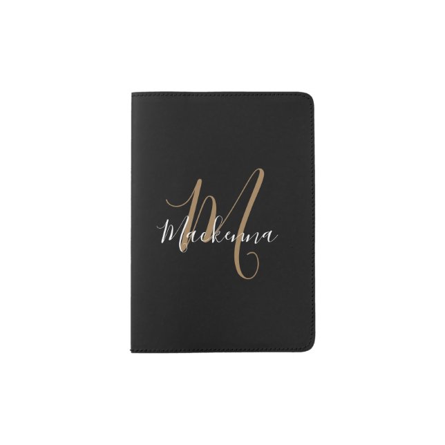 Modern Monogram Traveler Black Gold Script Initial Passport Holder (Front)