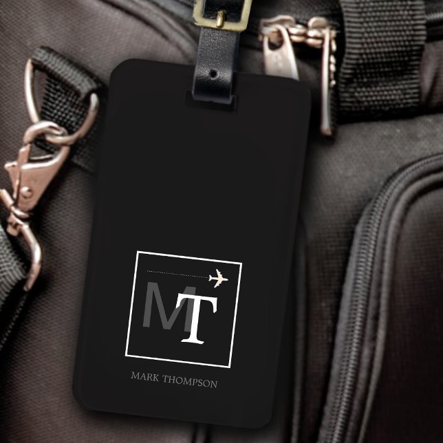 Modern monogram (traveler name + initials) black luggage tag (Creator Uploaded)