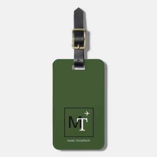 modern monogram traveler name  initials green luggage tag