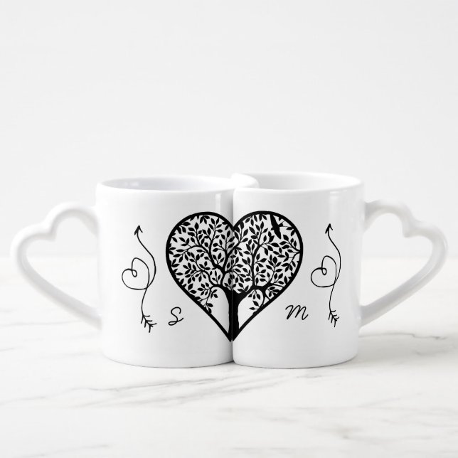 Modern Monogram Tree Life Newlyweds Wedding Coffee Mug Set (Front Nesting)