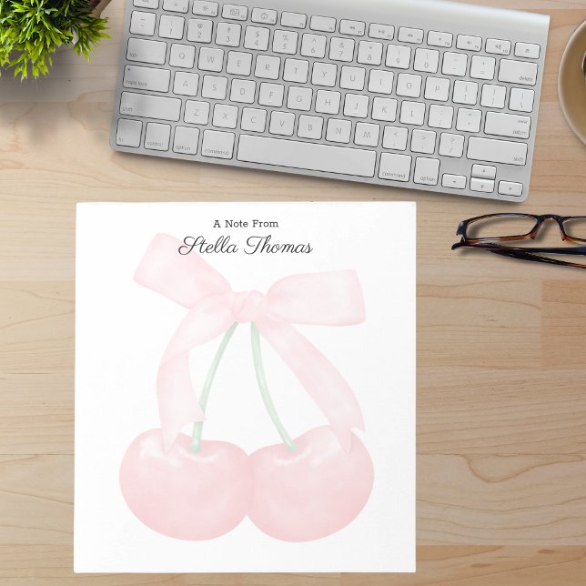 Modern Monogram Trendy Cherries With Pink Bow Notepad (Creator Uploaded)