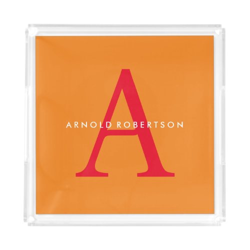 Modern Monogram Trendy Orange Red Acrylic Tray