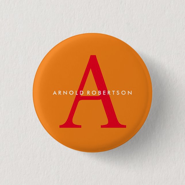 Modern Monogram Trendy Orange Red Button (Front)