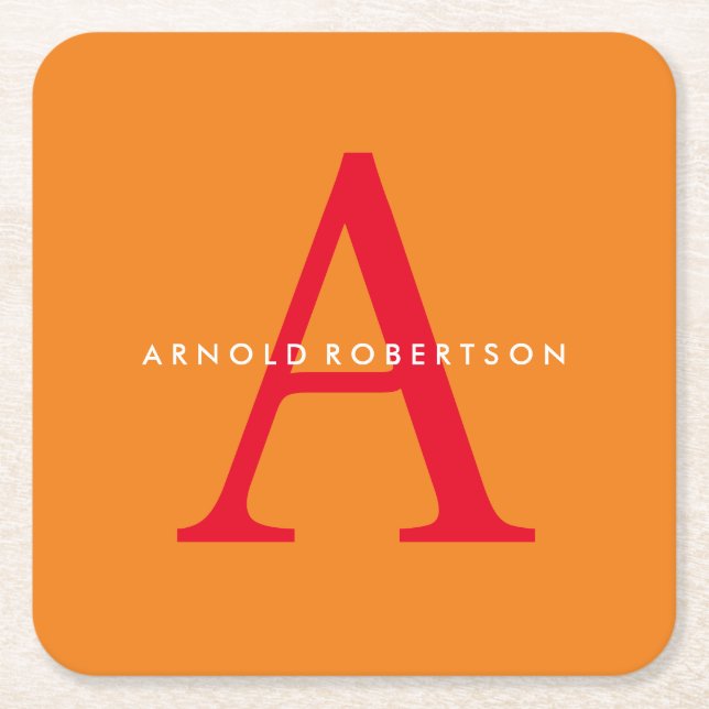 Modern Monogram Trendy Orange Red Square Paper Coaster (Front)