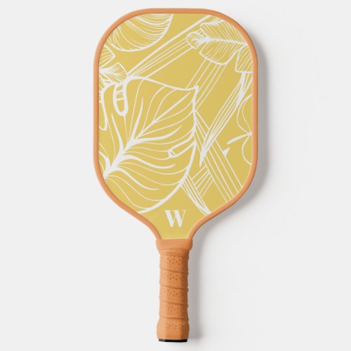 Modern Monogram Trendy Tropical Leaf Yellow  Pickleball Paddle