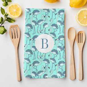 Modern Monogram Tropical Flamingos Pattern Kitchen Towel