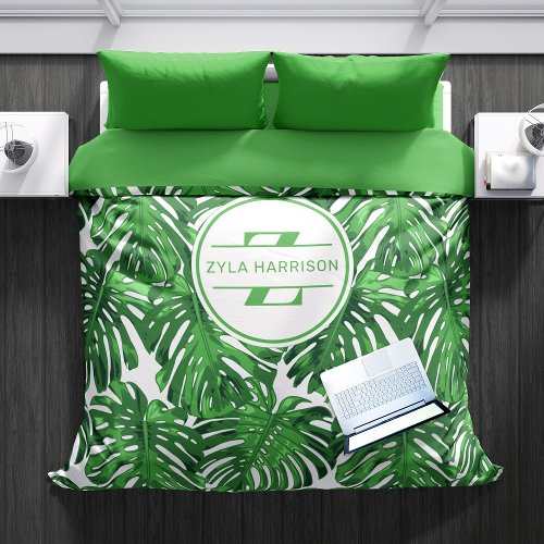 Modern Monogram Tropical Green Monstera Leaves Duvet Cover