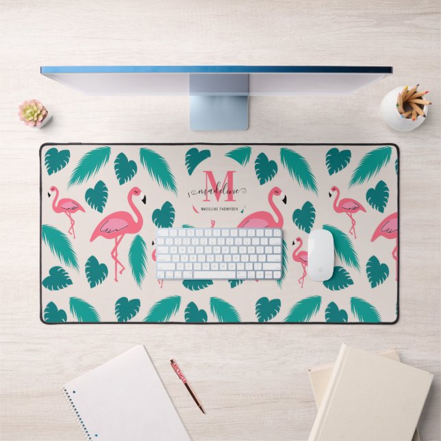 Modern Monogram Tropical Leaves Hot Pink Flamingo Desk Mat (Office 1)