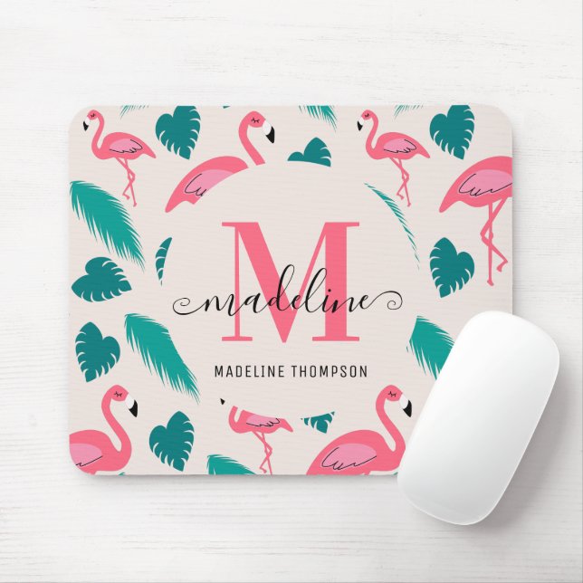 Modern Monogram Tropical Leaves Hot Pink Flamingo Mouse Pad (With Mouse)