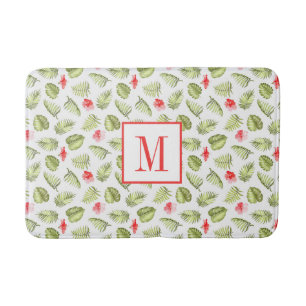 Modern Monogram Tropical Palm Leaves Pattern Bath Mat