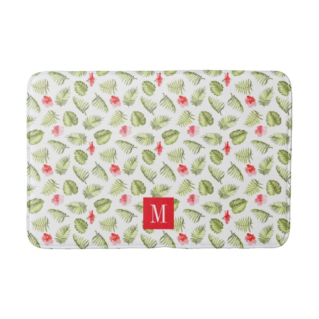 Modern Monogram Tropical Palm Leaves Pattern Bath Mat (Front)