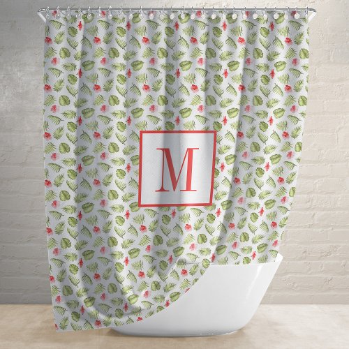 Modern Monogram Tropical Palm Leaves Pattern  Shower Curtain