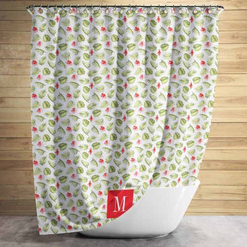 Modern Monogram Tropical Palm Leaves Pattern Shower Curtain