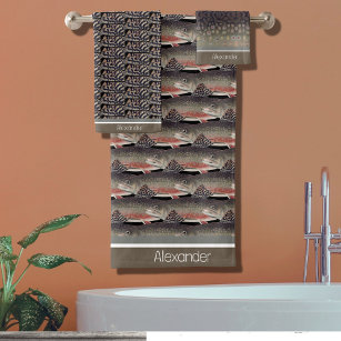 Modern Monogram Trout Fish Design Black White Gray Bath Towel Set