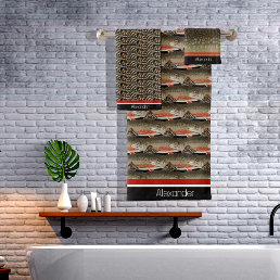 Modern Monogram Trout Fish Design Black White Rust Bath Towel Set