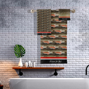 Modern Monogram Trout Fish Design Black White Rust Bath Towel Set