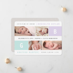 Modern Monogram Twins 4-Photo Design Birth Announcement