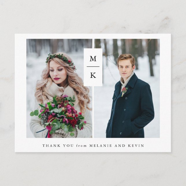Modern Monogram | Two Photo Wedding Thank You Postcard (Front)
