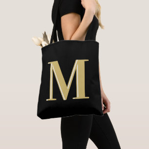 Modern monogram typography gold black tote bag