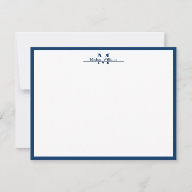 Modern Monogram Typography Navy Blue Border Note Card (Front)
