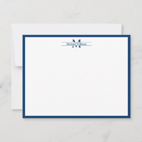 Modern Monogram Typography Navy Blue Border Note Card