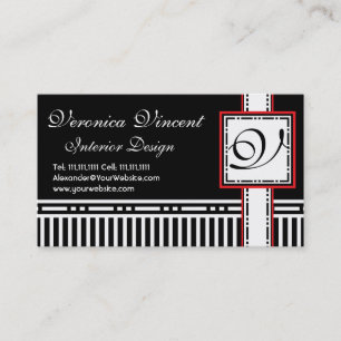 Modern Monogram V Black and White Stripes Business Card