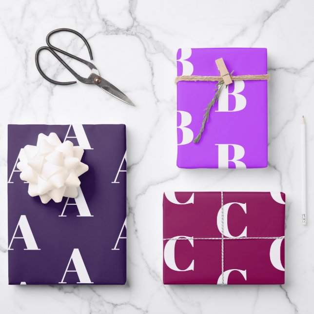 Modern monogram violet purple plum custom initial wrapping paper sheets (Front)