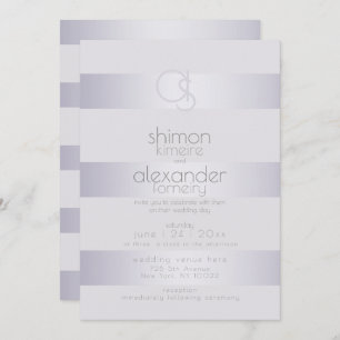 Modern Monogram Violet Silver Shimmer Stripes Invitation