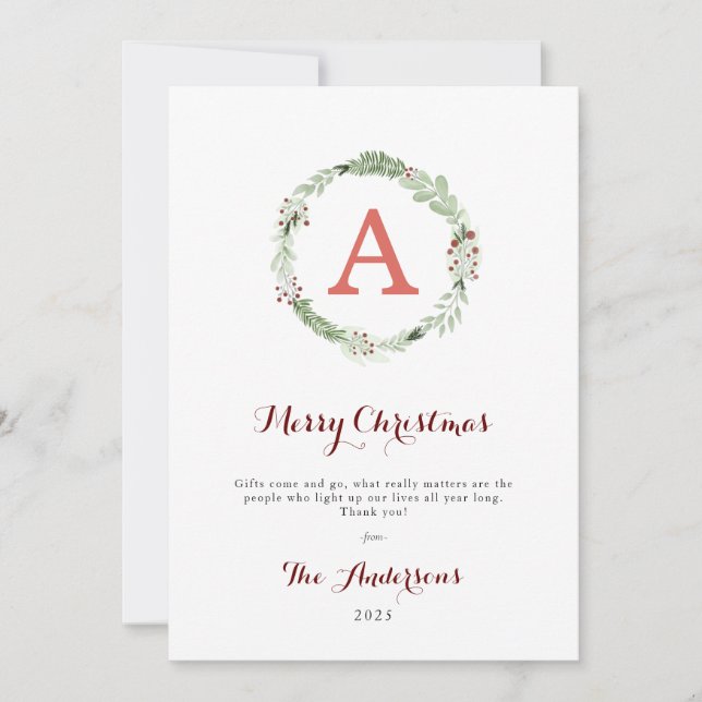 Modern Monogram Watercolor Christmas Wreath Photo Holiday Card (Front)