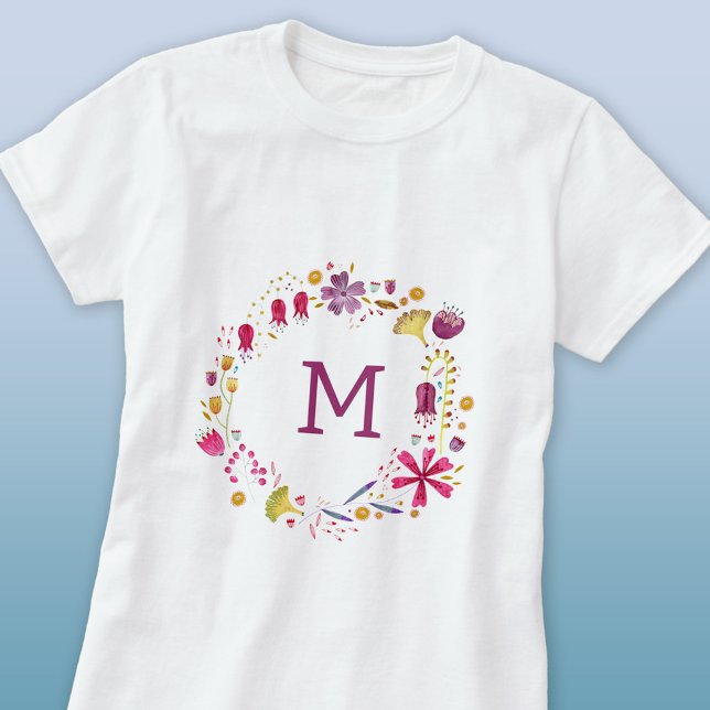 Modern Monogram Watercolor Floral T-Shirt (Modern monogram initial personalized floral watercolor wildflower t-shirt)