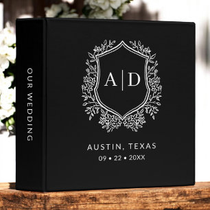 Modern Monogram Wedding Black Crest 3 Ring Binder