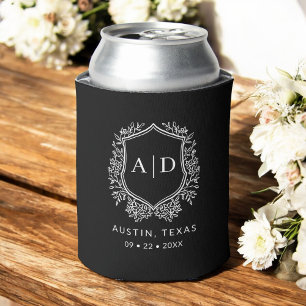 Modern Monogram Wedding Black Crest Can Cooler