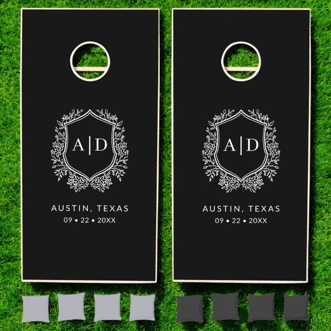 Modern Monogram Wedding Black Crest Cornhole Set (Creator Uploaded)
