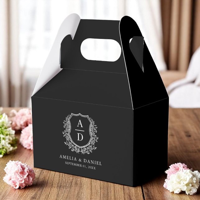 Modern Monogram Wedding Black Crest Modern Favor Boxes (Creator Uploaded)