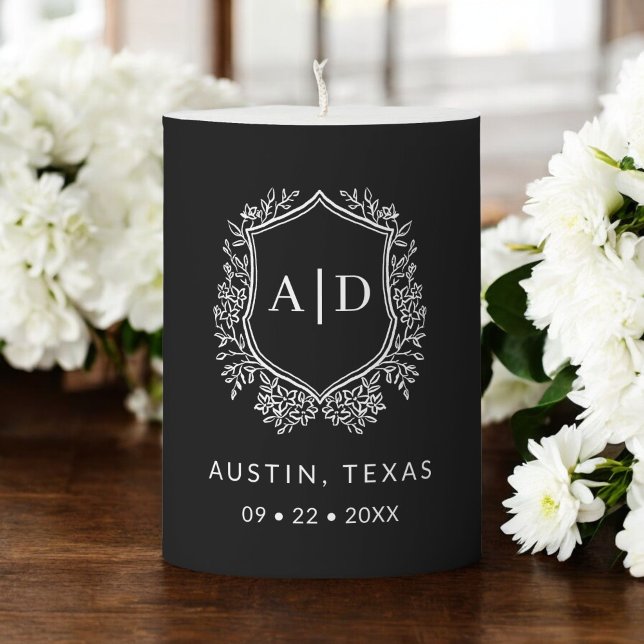Modern Monogram Wedding Black Crest Pillar Candle (Creator Uploaded)