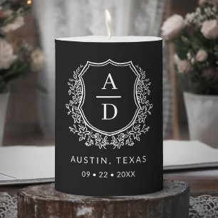 Modern Monogram Wedding Black Crest Pillar Candle